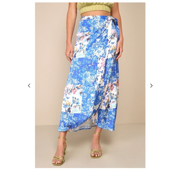 Lulus Dresses & Skirts - Immaculate Style Blue Multi Scarf Print Satin Wrap Midi Skirt NWT size large